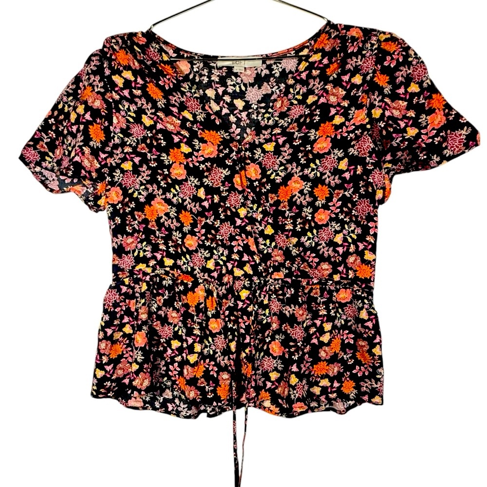 LOFT Black and Orange Floral Blouse Size M